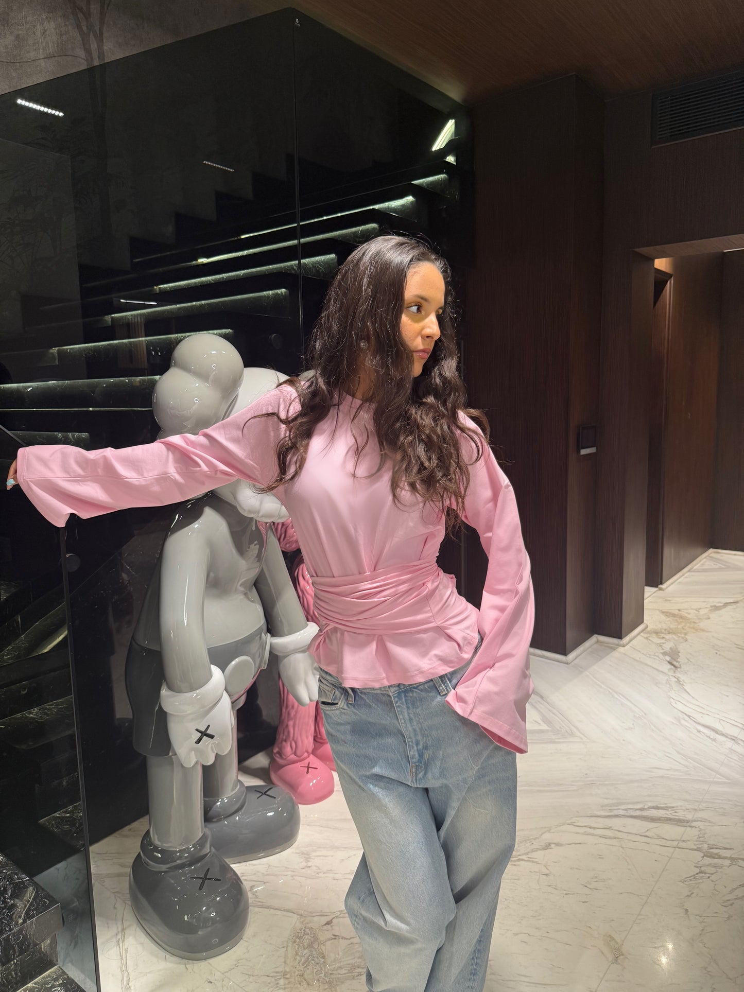 Long sleeve belt wrap tee-baby pink