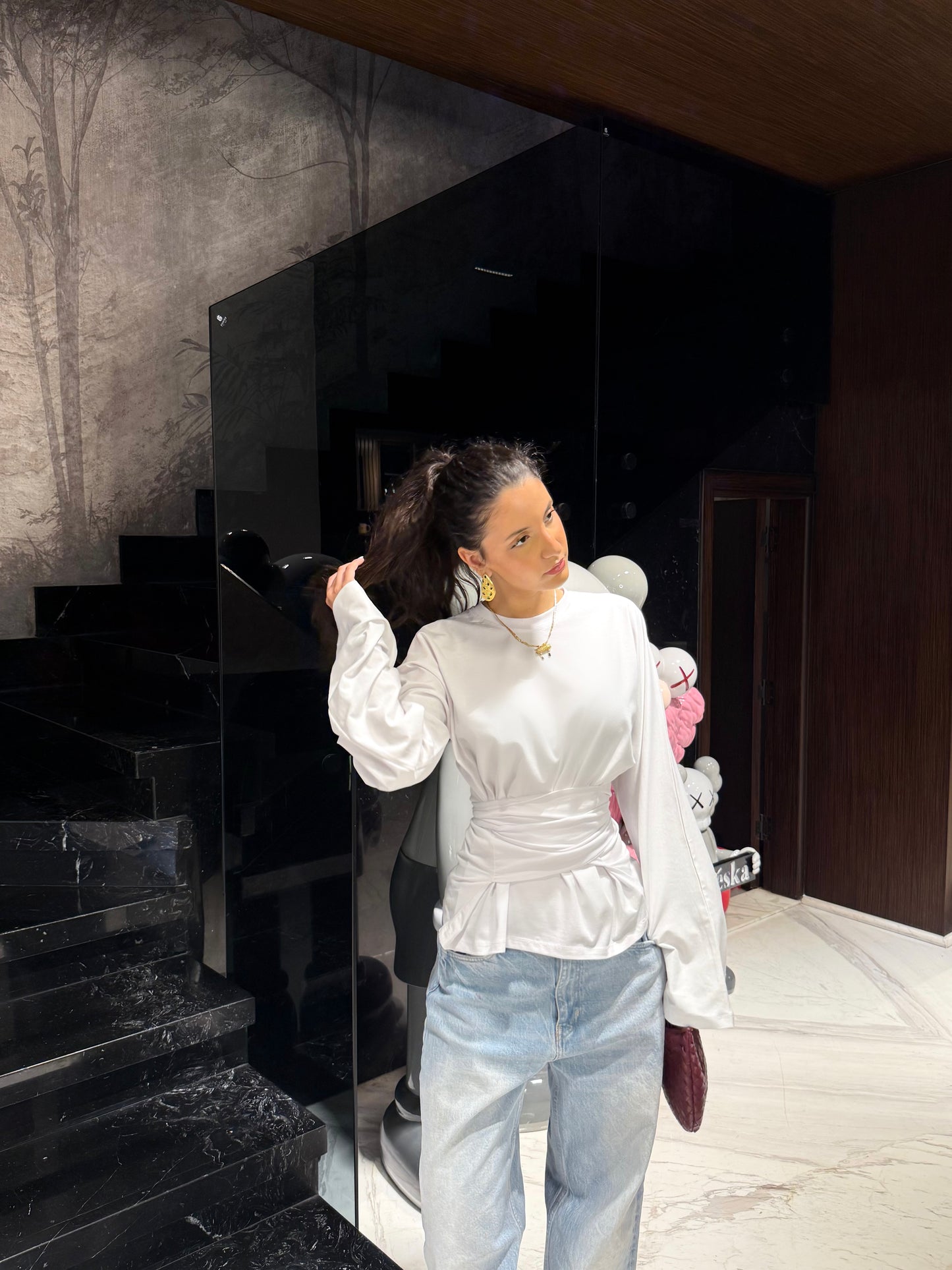 Long sleeve belt wrap tee-white