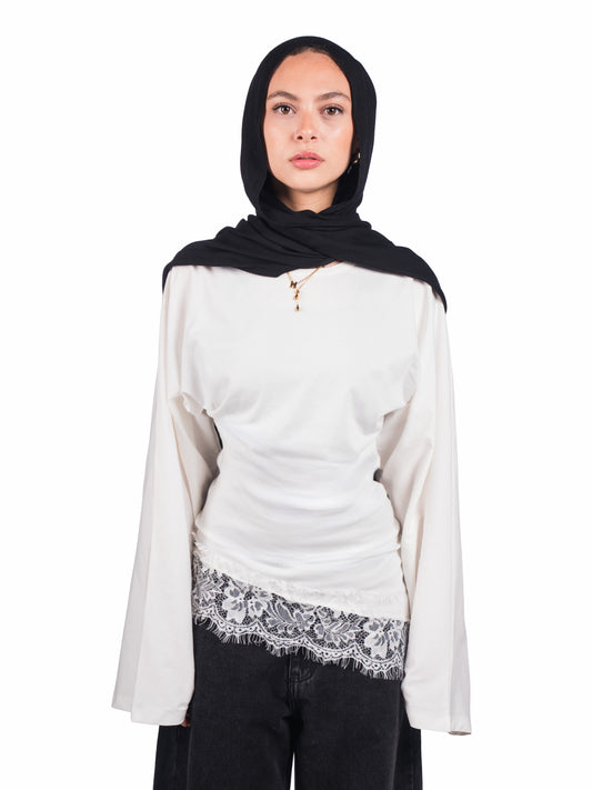 Long sleeve lace hem tee–White
