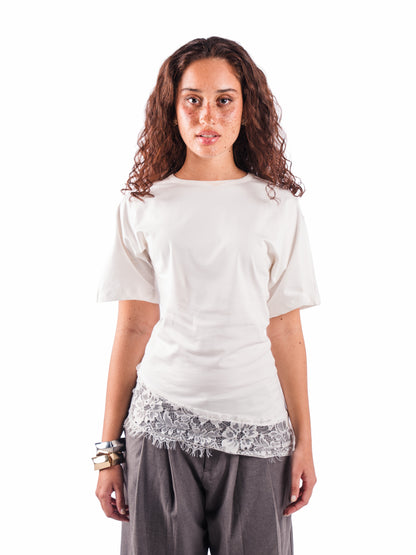 Short sleeve lace hem tee–White