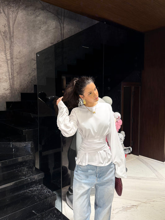 Long sleeve belt wrap tee-white
