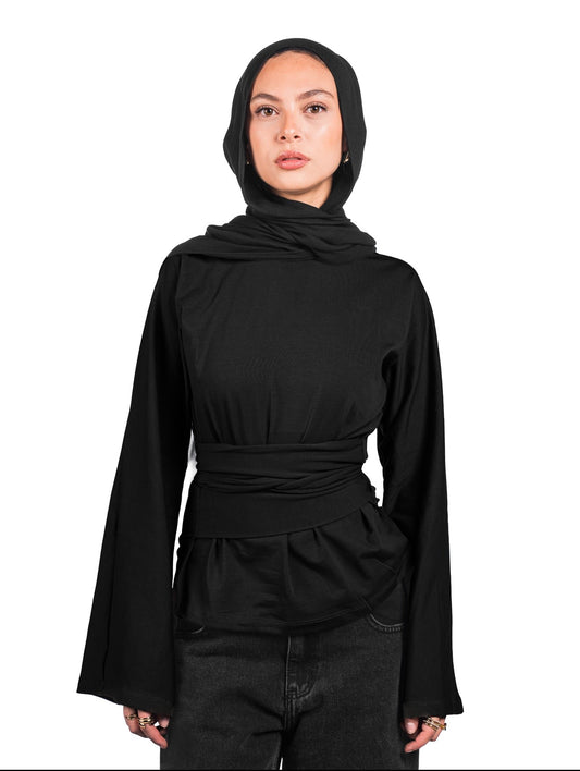 Long sleeve belt wrap tee-black