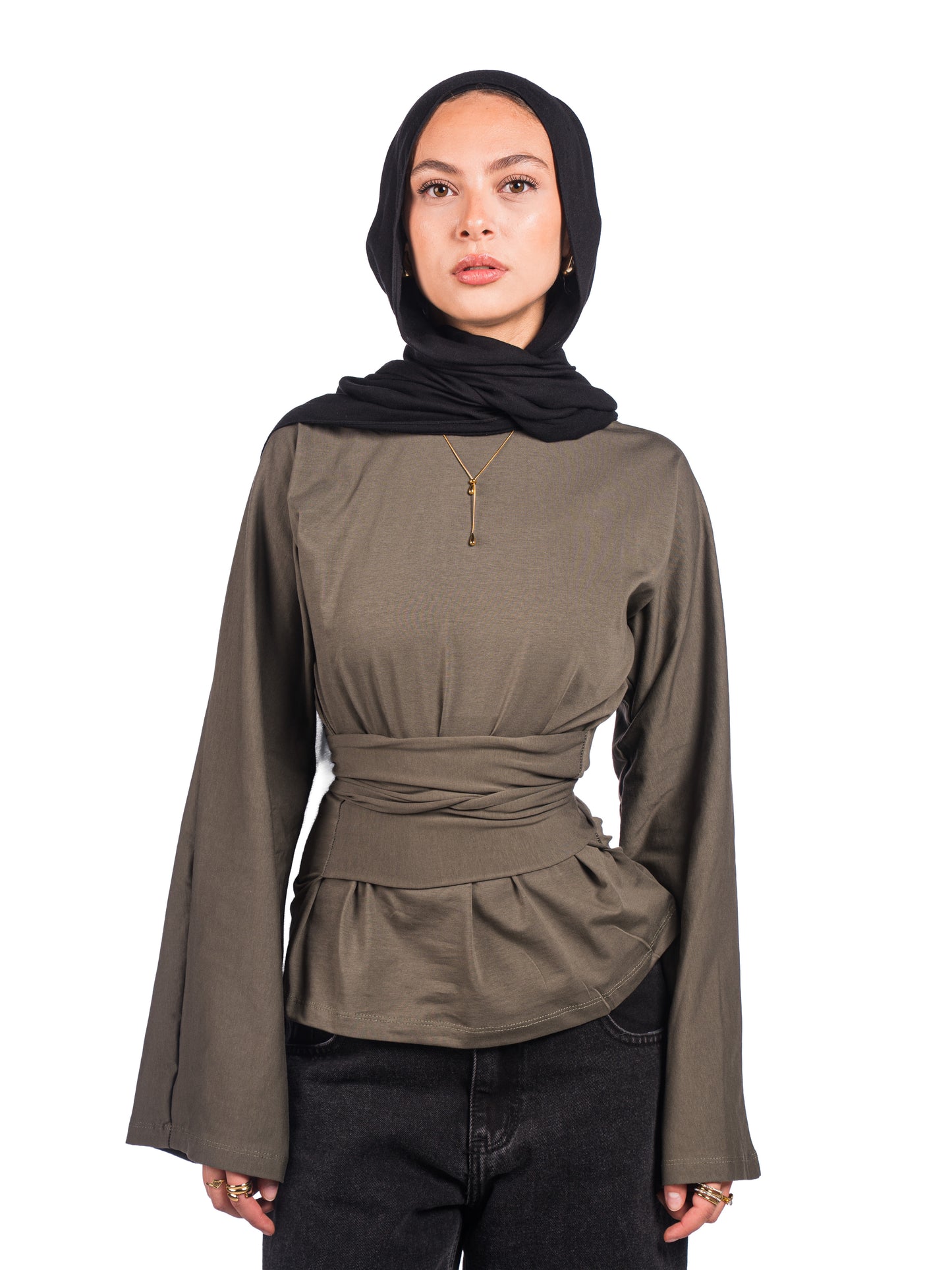 Long sleeve belt wrap tee–Olive