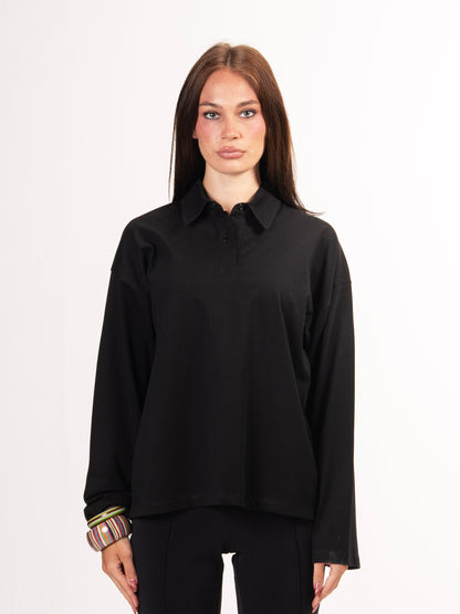 Long sleeve polo parallel tee-Black