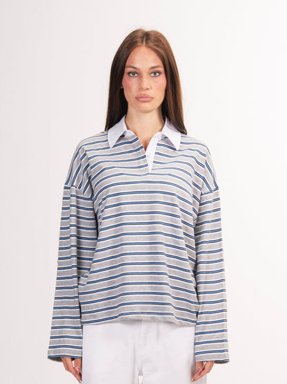 Long sleeve polo parallel tee-Stone