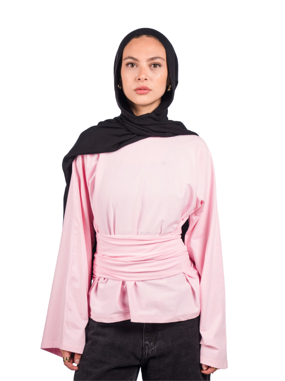 Long sleeve belt wrap tee-baby pink