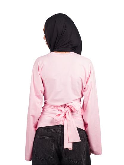 Long sleeve belt wrap tee-baby pink
