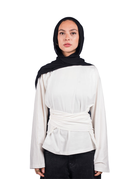 Long sleeve belt wrap tee-white
