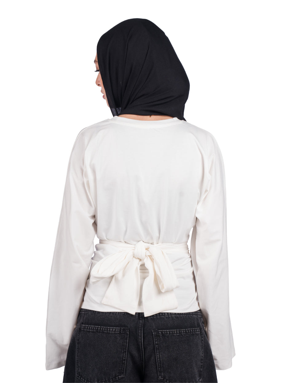 Long sleeve belt wrap tee-white