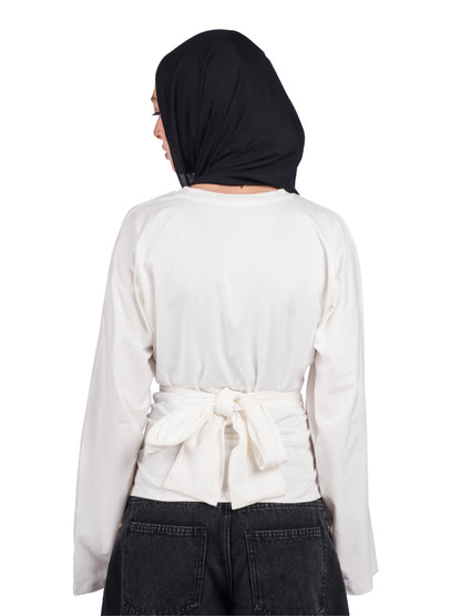 Long sleeve belt wrap tee-white
