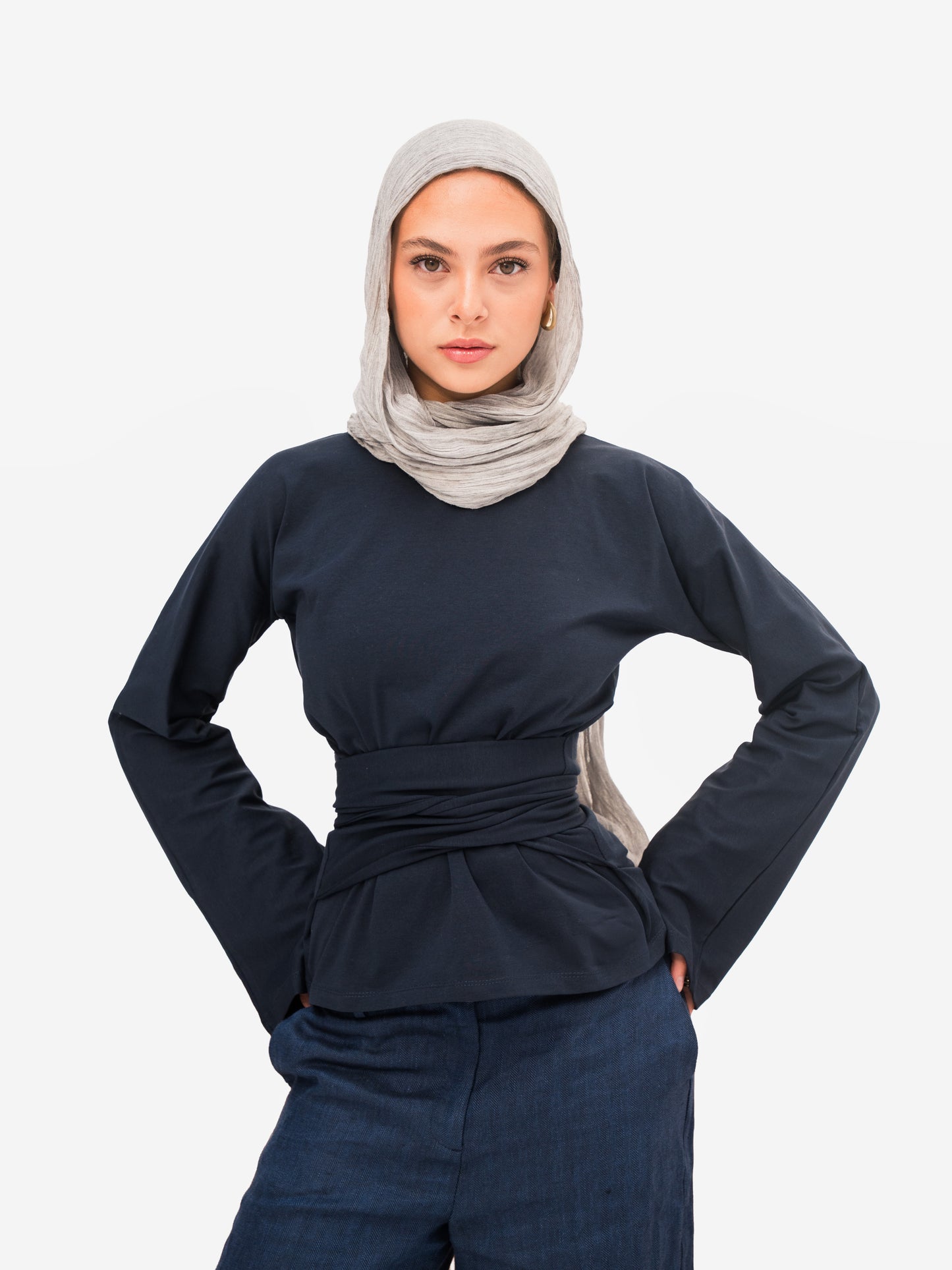 Long sleeve belt wrap tee–Navy