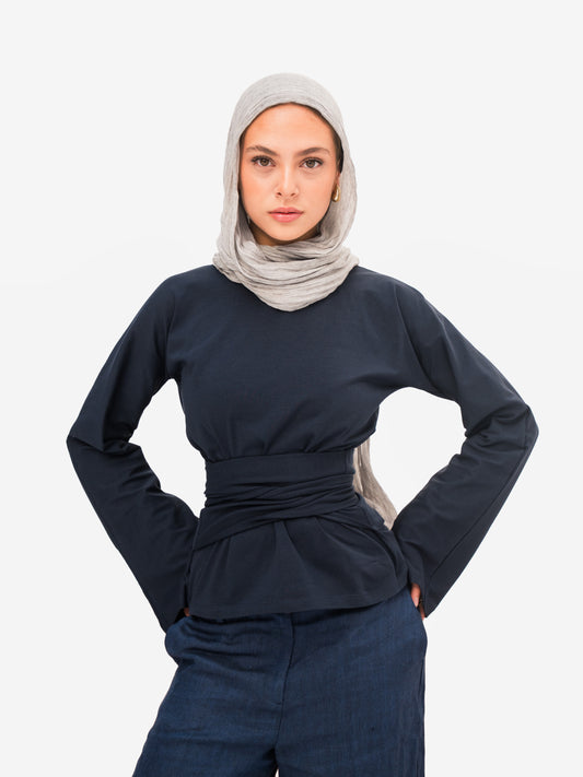 Long sleeve belt wrap tee–Navy